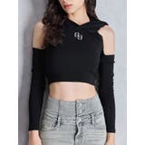 ブラック | GGフードショルダーオープンデザインショートトップス | GYDA