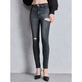 ブラック | ミドルウエストSIDE RIPPEDスキニーデニムパンツ | GYDA