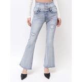 アイスブルー | ハイウエストBACKクロスダメージフレアデニムパンツ | GYDA