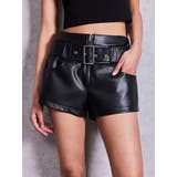 ブラック | ベルト付きストレッチフェイクレザーショートパンツ | GYDA