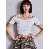 オフホワイト | ラメテレコハーフスリーブカシュクールオフショルショートTOPS | GYDA