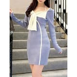 ブルー | バイカラーフロントリボンニットミニワンピース | RESEXXY