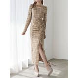 ベージュ | デコルテチェックワンピース | EATME