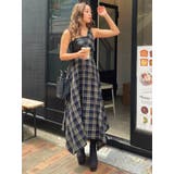 ネイビー | フェイクレザードッキングチェックロングワンピース | EVRIS
