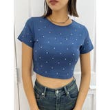 ネイビー | ラインストーンコンパクトTシャツ | EVRIS