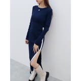 ネイビー | ラインデザインニットロングワンピース | EVRIS