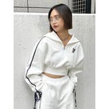 ホワイト | リボンスリーブハーフZIPショートスウェットトップス【セットアップ着用可能】 | EVRIS