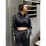 ブラック | リボンスリーブハーフZIPショートスウェットトップス【セットアップ着用可能】 | EVRIS