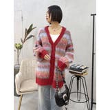 レッド | ソフトシャギーボーダーニットカーディガン | EVRIS
