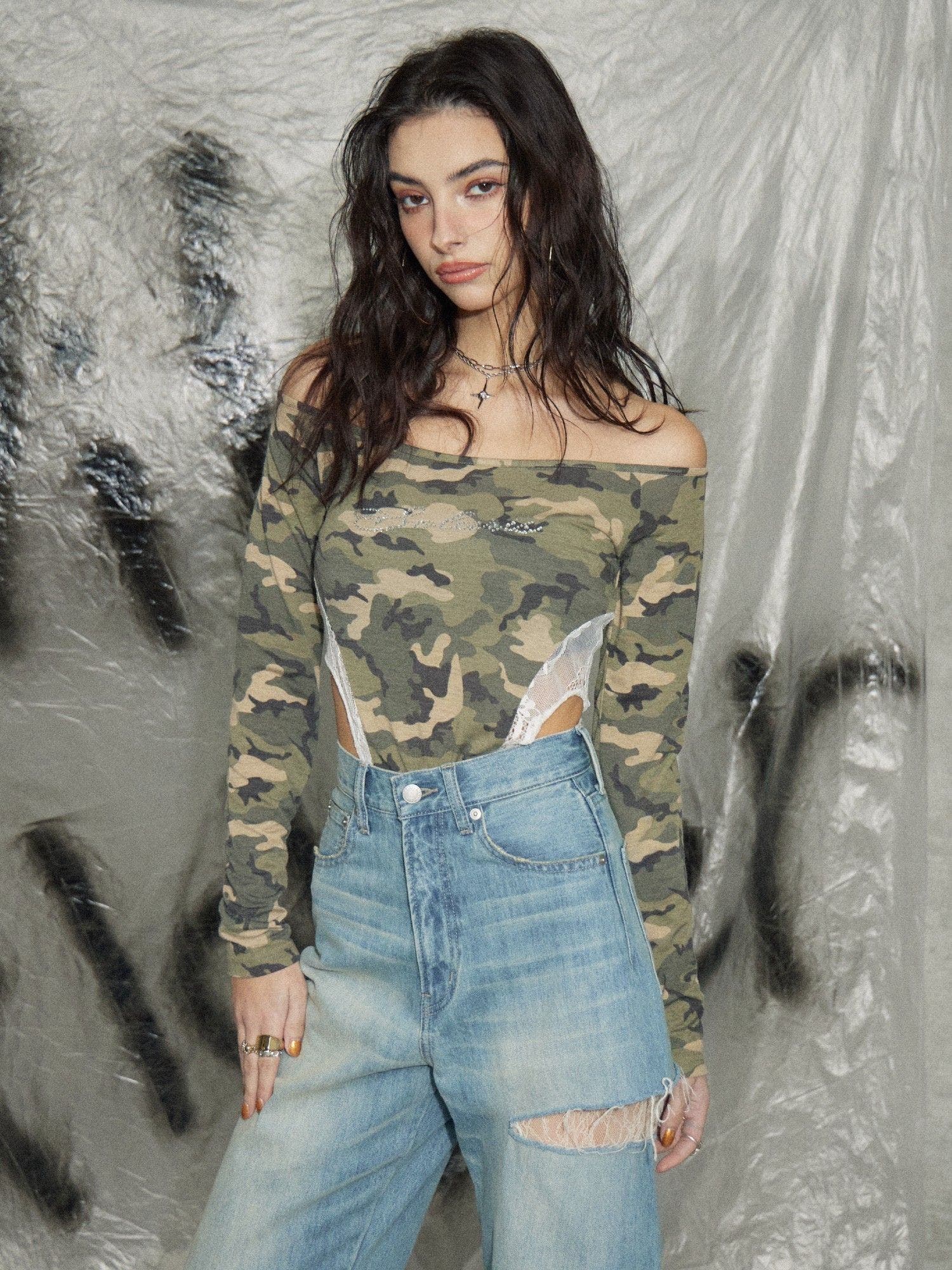 ラインストーンロゴオフショルボディースーツ | EVRIS | 詳細画像43