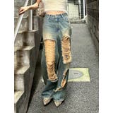 ブルー | ハイダメージワイドデニムパンツ | EVRIS