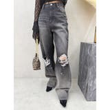 ブラック | ヴィンテージライクダメージワイドデニムパンツ | EVRIS