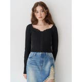 ブラック | フロントホックレースドッキングニットトップス | EVRIS