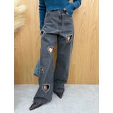 ブラック | ビジューハートカッティングワイドデニムパンツ | EVRIS