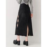 ブラック | サイドビジューカットロングデニムスカート | EVRIS