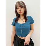 ブルー | ネックレスフレンチスリーブショートトップス | EVRIS