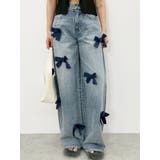 ブルー | リボンモチーフワイドデニムパンツ | EVRIS