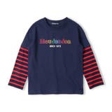 ネイビー | 袖ボーダー切替ロゴプリント長袖Ｔシャツ | こどもの森e-shop