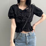 ブラック | ウエストシャーリングレースアップブラウス 春 韓国トップス | me Jane