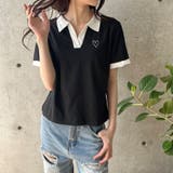 ブラック | 胸ハート配色スキッパーポロトップス | me Jane