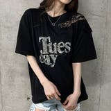 ブラック | キラキラロゴレース切替Tシャツ | me Jane