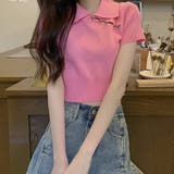 ピンク | ポロ襟半袖リブニットトップス | me Jane