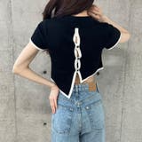 バックオープン配色バインダーポロ衿半袖ニットトップス | me Jane | 詳細画像9