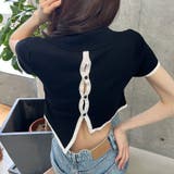 バックオープン配色バインダーポロ衿半袖ニットトップス | me Jane | 詳細画像10