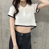 バックオープン配色バインダーポロ衿半袖ニットトップス | me Jane | 詳細画像12