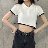 バックオープン配色バインダーポロ衿半袖ニットトップス | me Jane | 詳細画像13
