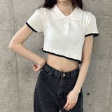 バックオープン配色バインダーポロ衿半袖ニットトップス | me Jane | 詳細画像14