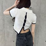 ホワイト | バックオープン配色バインダーポロ衿半袖ニットトップス | me Jane