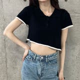 バックオープン配色バインダーポロ衿半袖ニットトップス | me Jane | 詳細画像2