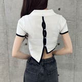 バックオープン配色バインダーポロ衿半袖ニットトップス | me Jane | 詳細画像18