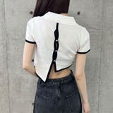バックオープン配色バインダーポロ衿半袖ニットトップス | me Jane | 詳細画像19