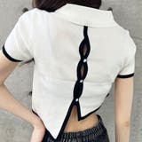 バックオープン配色バインダーポロ衿半袖ニットトップス | me Jane | 詳細画像20