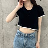 バックオープン配色バインダーポロ衿半袖ニットトップス | me Jane | 詳細画像3