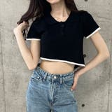 バックオープン配色バインダーポロ衿半袖ニットトップス | me Jane | 詳細画像4