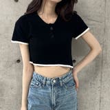バックオープン配色バインダーポロ衿半袖ニットトップス | me Jane | 詳細画像5
