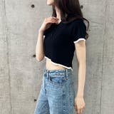 バックオープン配色バインダーポロ衿半袖ニットトップス | me Jane | 詳細画像6