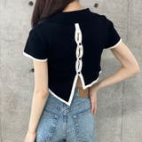 ブラック | バックオープン配色バインダーポロ衿半袖ニットトップス | me Jane