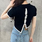 バックオープン配色バインダーポロ衿半袖ニットトップス | me Jane | 詳細画像8