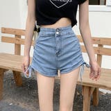 ブルー | サイドシャーリングリボンデニムショートパンツ | me Jane