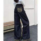 ブラック | 裾レオパード柄デニムルーズパンツ | me Jane