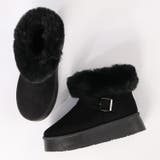 ブラック | 4.5cmヒール 裏起毛 ボア 厚底ベルトデザインムートンブーツ ☆6414 | LibertyDoll