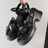 ブラック | 6cmヒール オフィス パーティー セットアップ フリルサンダル ☆4204 | LibertyDoll