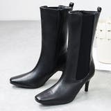 ブラックPU | 7.5cmヒール スクエアトゥ サイドゴア ミドル ブーツ ☆9103 | LibertyDoll