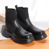 ブラック | 4.5cmヒール スクエア厚底リブニットブーツ ☆9136 | LibertyDoll