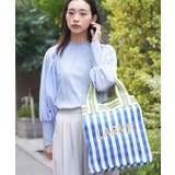 ブルーチェック | スクウェア刺繍ロゴビニールトート トートバッグ マルチストライプハンドル | mili an deni