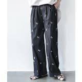 ブラック | リボン刺繍ワッシャー加工イージーパンツ ロング丈 ボトムス | mili an deni